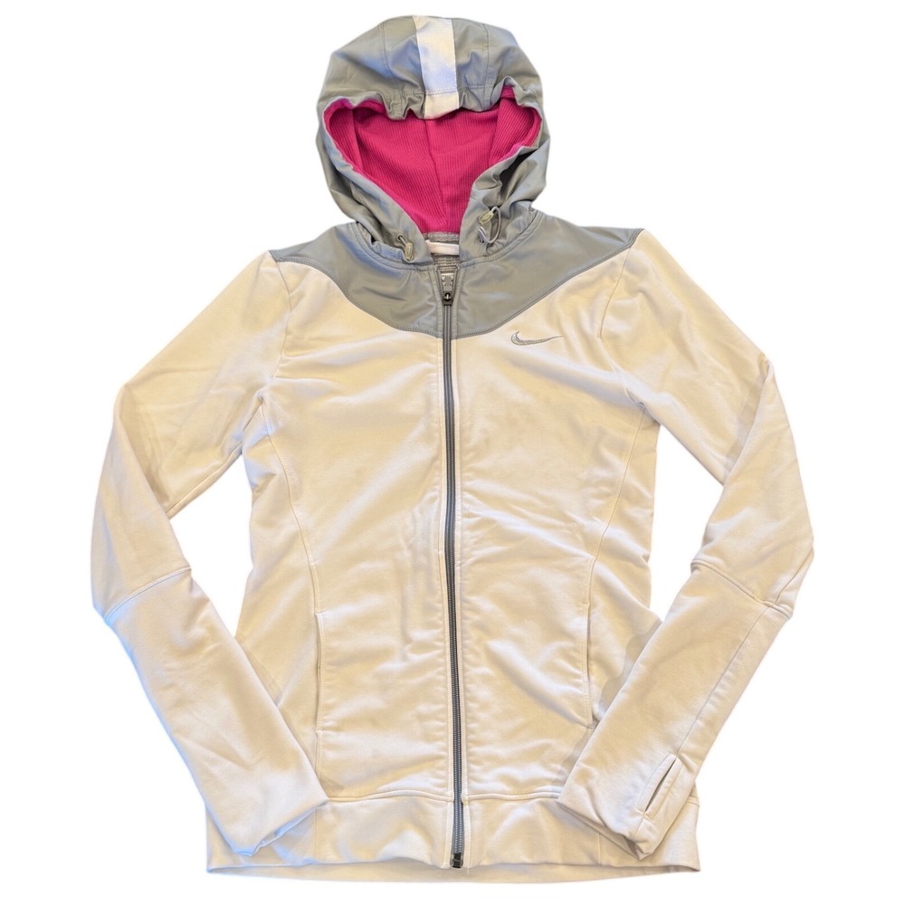 Nike Fit Dry Full Zip Hoodie Womens Small White Grey Pink Thumbholes 339311-100